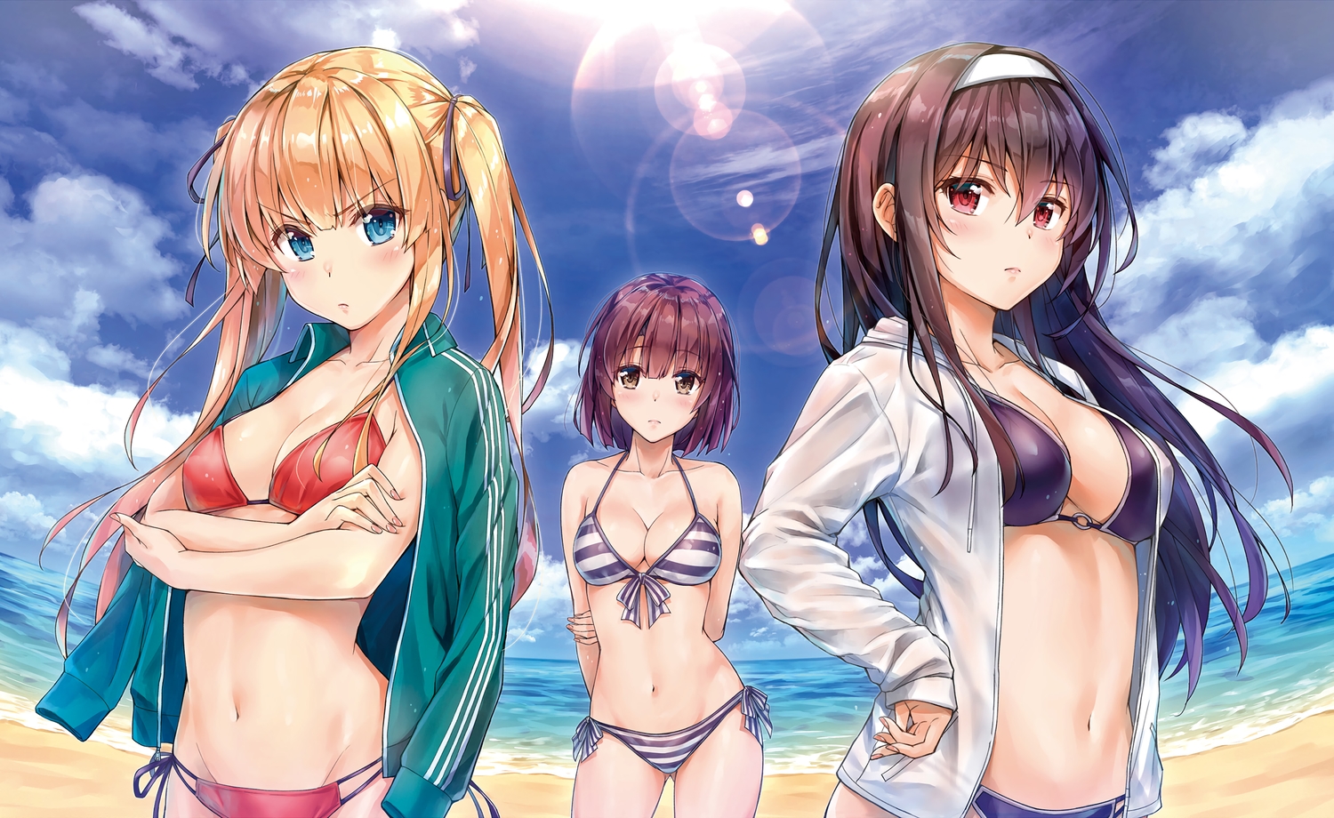 aqua_eyes, bikini, black_hair, blonde_hair, blue_eyes, blush, breasts, brown_eyes