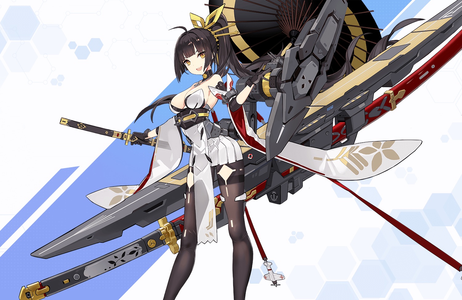 akagi_(blue_oath), anthropomorphism, black_hair, blue_oath, breasts, cleavage, criin, gloves, japanese_clothes, katana, long_hair, mechagirl, pantyhose, ponytail, skirt, sword, umbrella, weapon, yellow_eyes