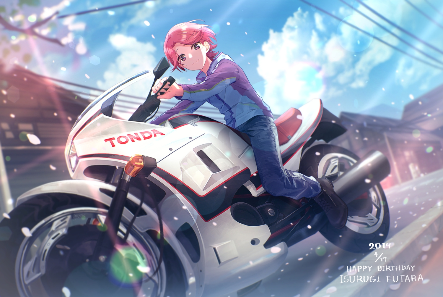 clouds, isurugi_futaba, itsuya_(daystar), motorcycle, petals, pink_hair, purple_eyes, short_hair, shoujo_kageki_revue_starlight, sky