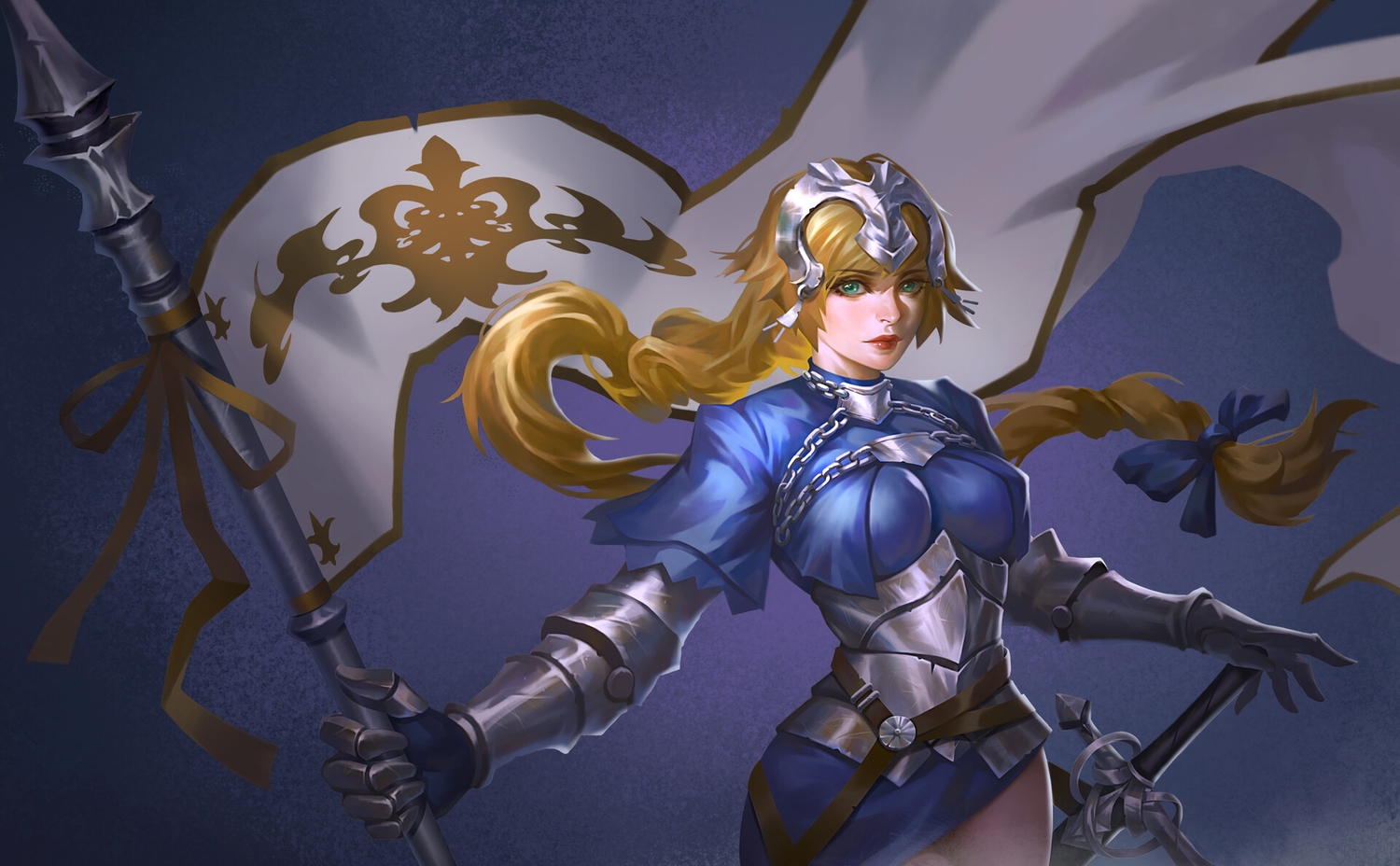 armor, blonde_hair, braids, breasts, dress, elbow_gloves, fate/apocrypha, fate/grand_order, fate_(series), gloves, green_eyes, headdress, jeanne_d'arc_(fate), junqi_mu, long_hair, ponytail, realistic, sword, weapon
