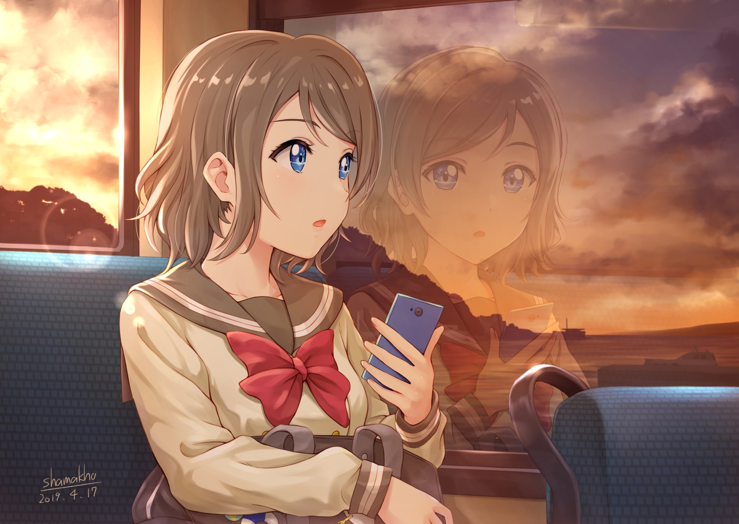 blue_eyes, bow, brown_hair, clouds, love_live!_school_idol_project, love_live!_sunshine!!, phone, reflection