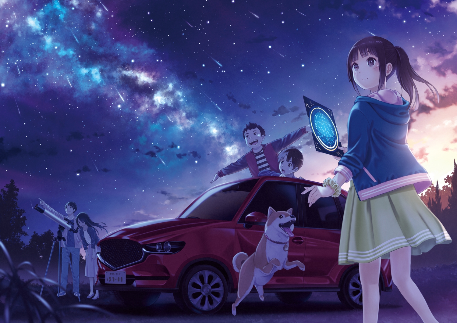 animal, black_hair, brown_eyes, car, clouds, dog, group, hood