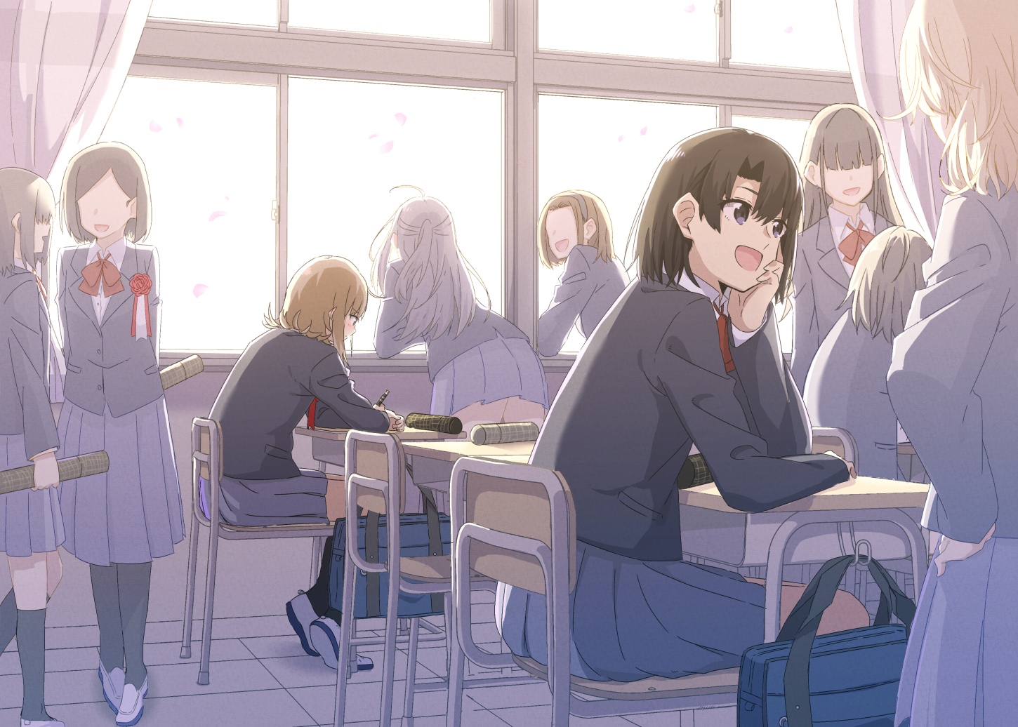 aliasing, black_hair, bow, brown_eyes, brown_hair, flowers, group, headband