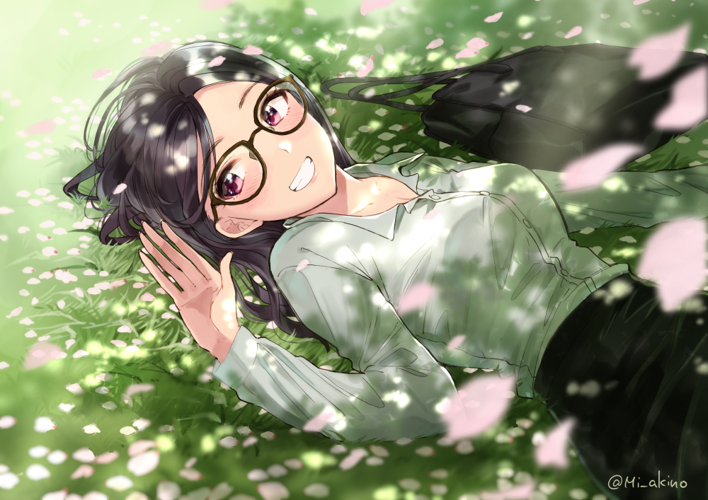 black_hair, blush, glasses, grass, green, long_hair, miyabi_akino, original, petals, purple_eyes, shirt, signed, skirt