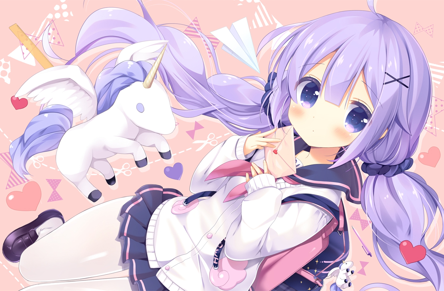 animal, anthropomorphism, aono_ribbon, azur_lane, blush, heart, horse, loli, long_hair, pantyhose, paper, purple_eyes, purple_hair, school_uniform, skirt, twintails, unicorn, unicorn_(azur_lane), waifu2x
