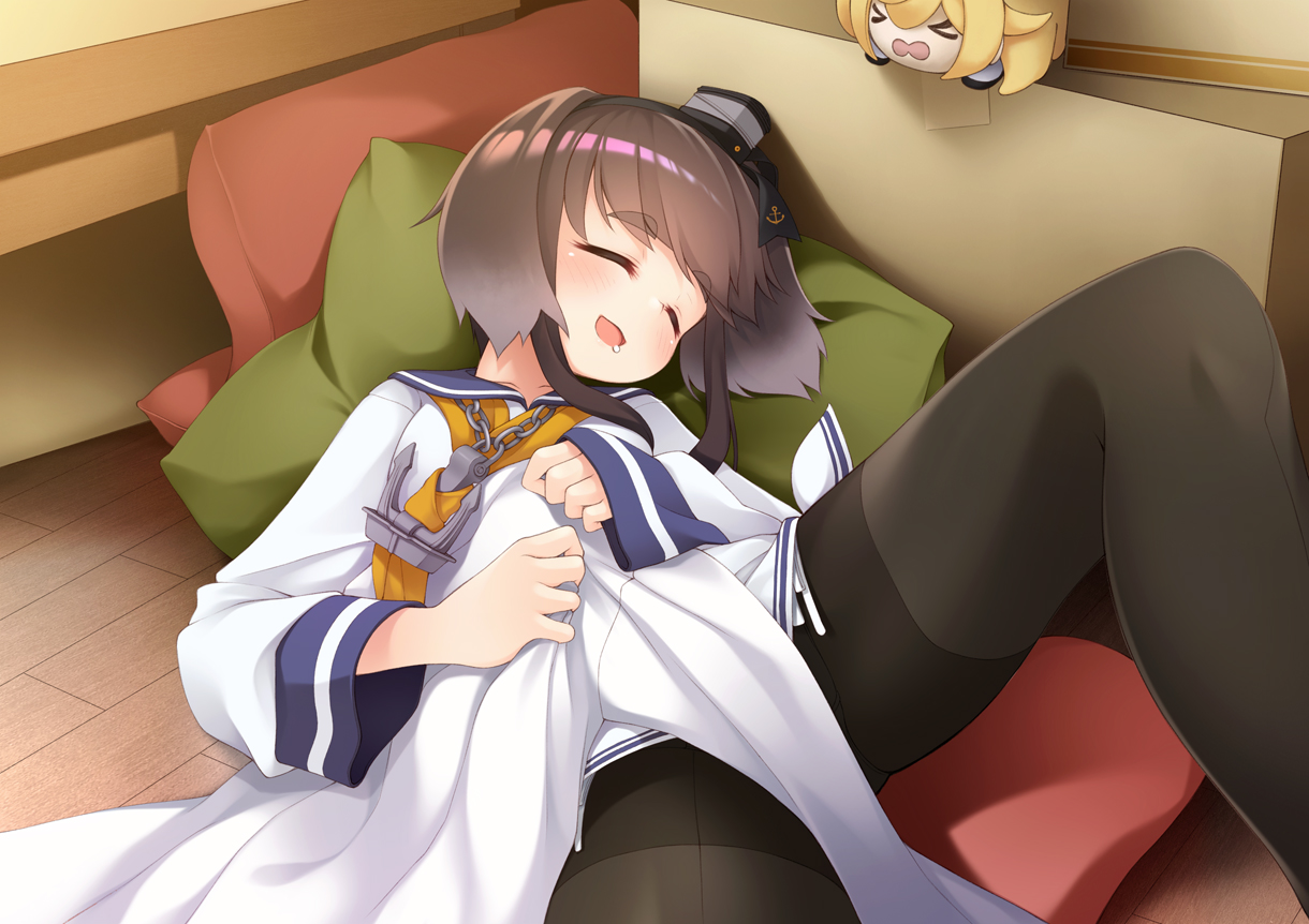 anthropomorphism, brown_hair, chain, kantai_collection, mofu_namako, pantyhose, short_hair, sleeping