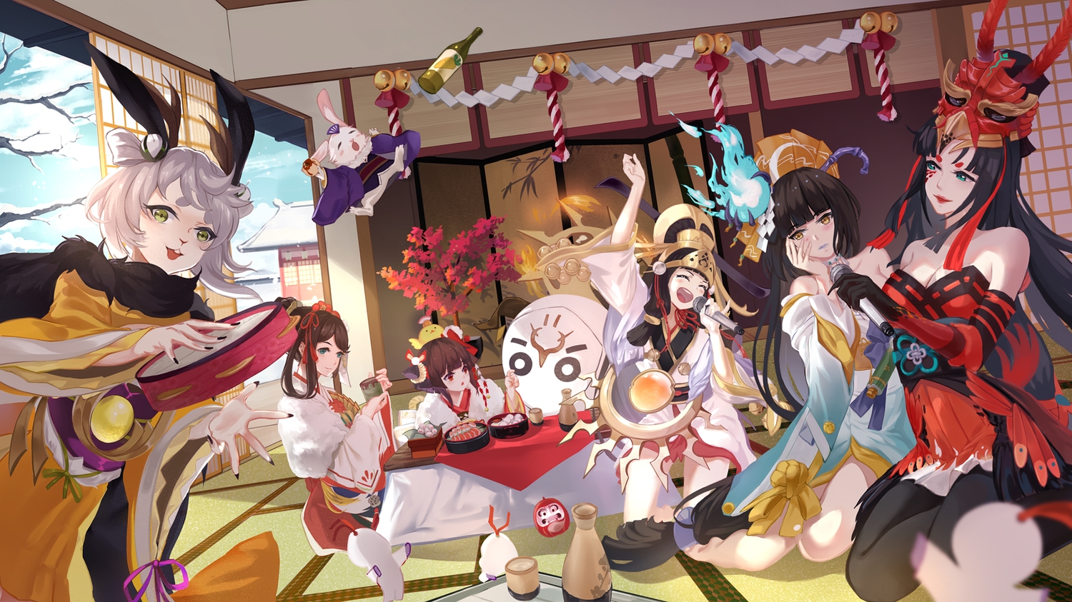 aoandon, bell, drink, group, hiyoribo_(onmyouji), hououka_(onmyouji), kagura_(onmyouji), loli, long_hair, microphone, oitsukigami_(onmyouji), onmyouji, shan-n, short_hair, yaobikuni_(omnyouji)