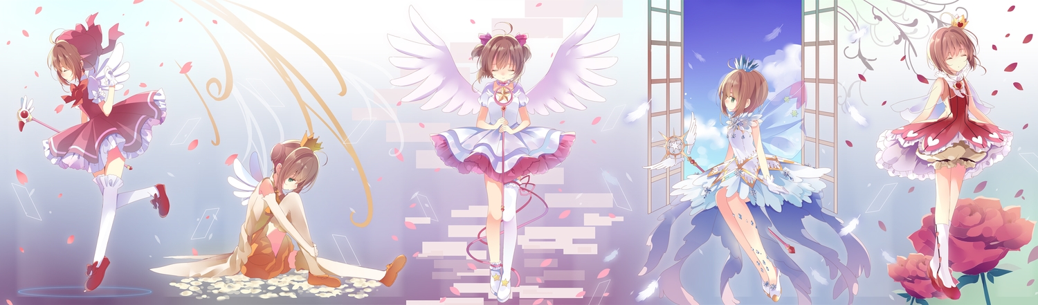 brown_hair, card_captor_sakura, dress, gloves, gradient, green_eyes, kinomoto_sakura, petals