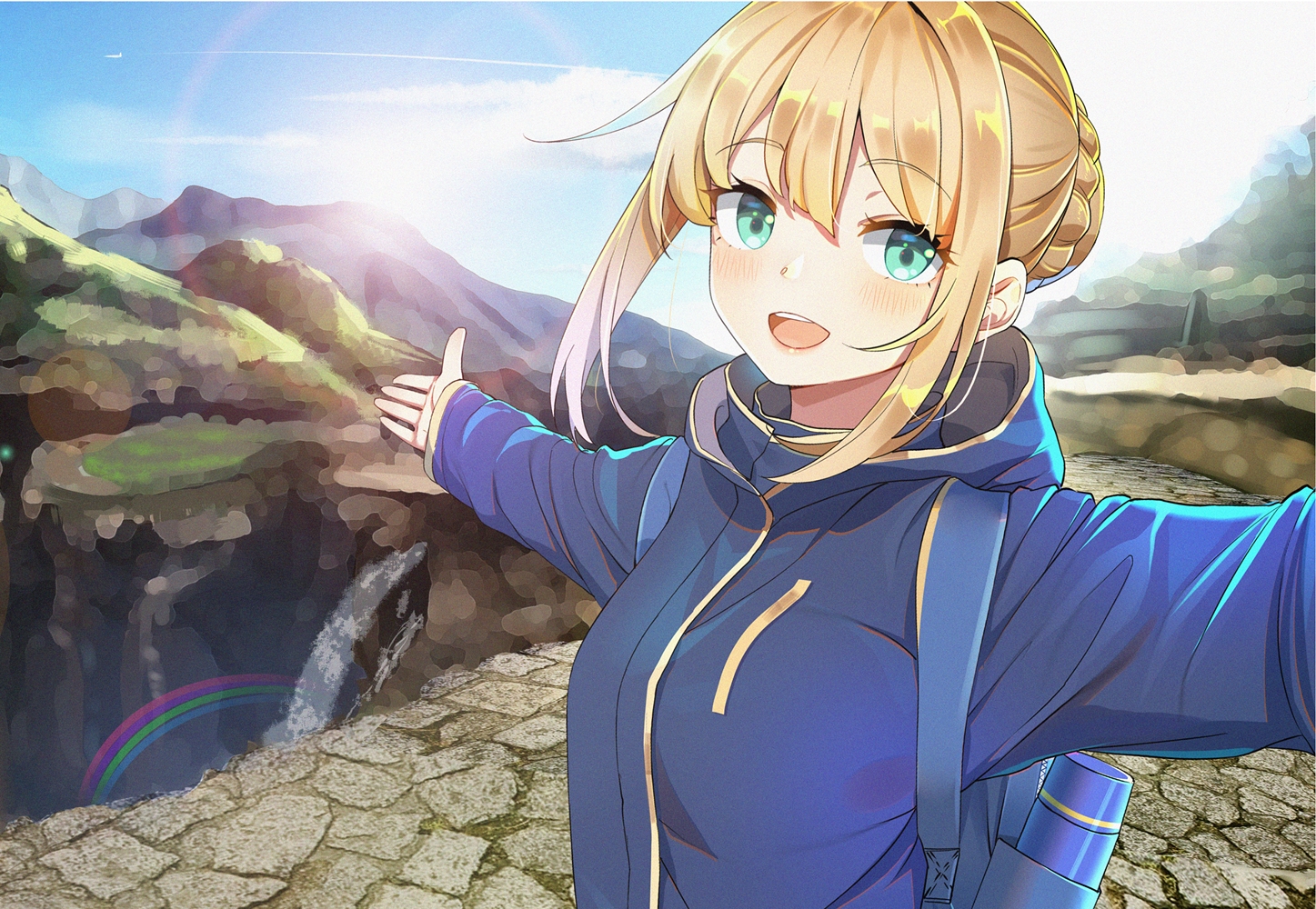 artoria_pendragon_(all), blonde_hair, blush, braids, close, fate_(series), fate/stay_night, green_eyes, hood, kongbai, rainbow, saber, short_hair, water, waterfall