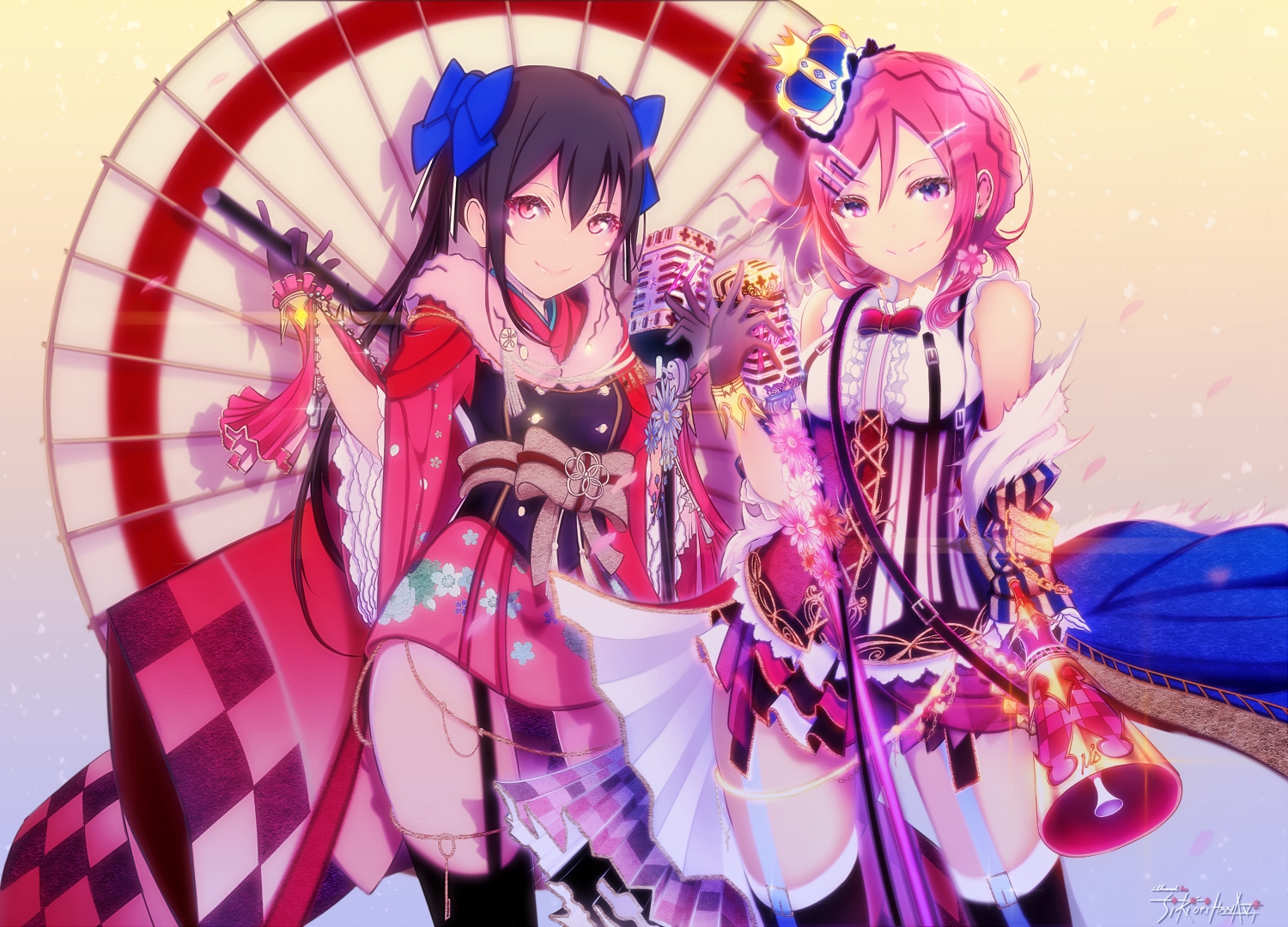 2girls, black_hair, bow, braids, breasts, crown, flowers, furisode_(pixilvina)