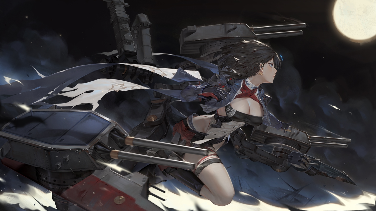 anthropomorphism, azur_lane, black_hair, georgia_(azur_lane), moon, night, short_hair, sky, toriumi_harumi, weapon
