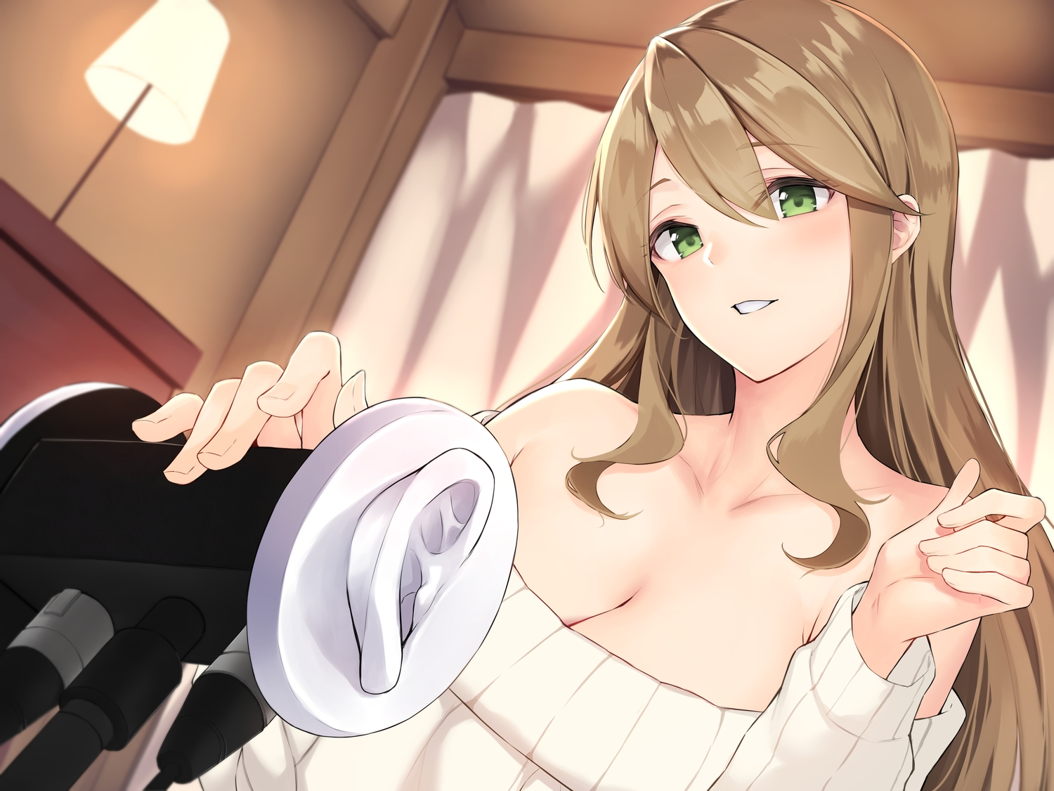 anza_tomo, breasts, brown_hair, cleavage, green_eyes, long_hair, microphone, original