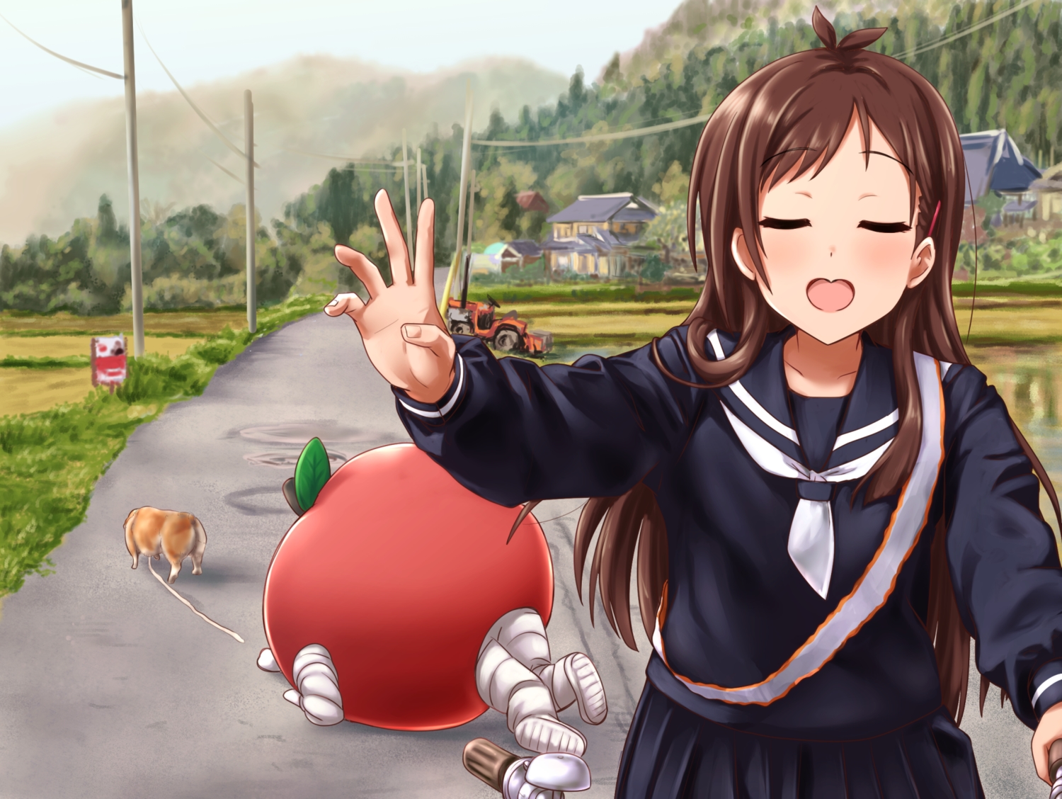animal, bicycle, building, dog, grass, kobamiso_(kobalt), original, school_uniform
