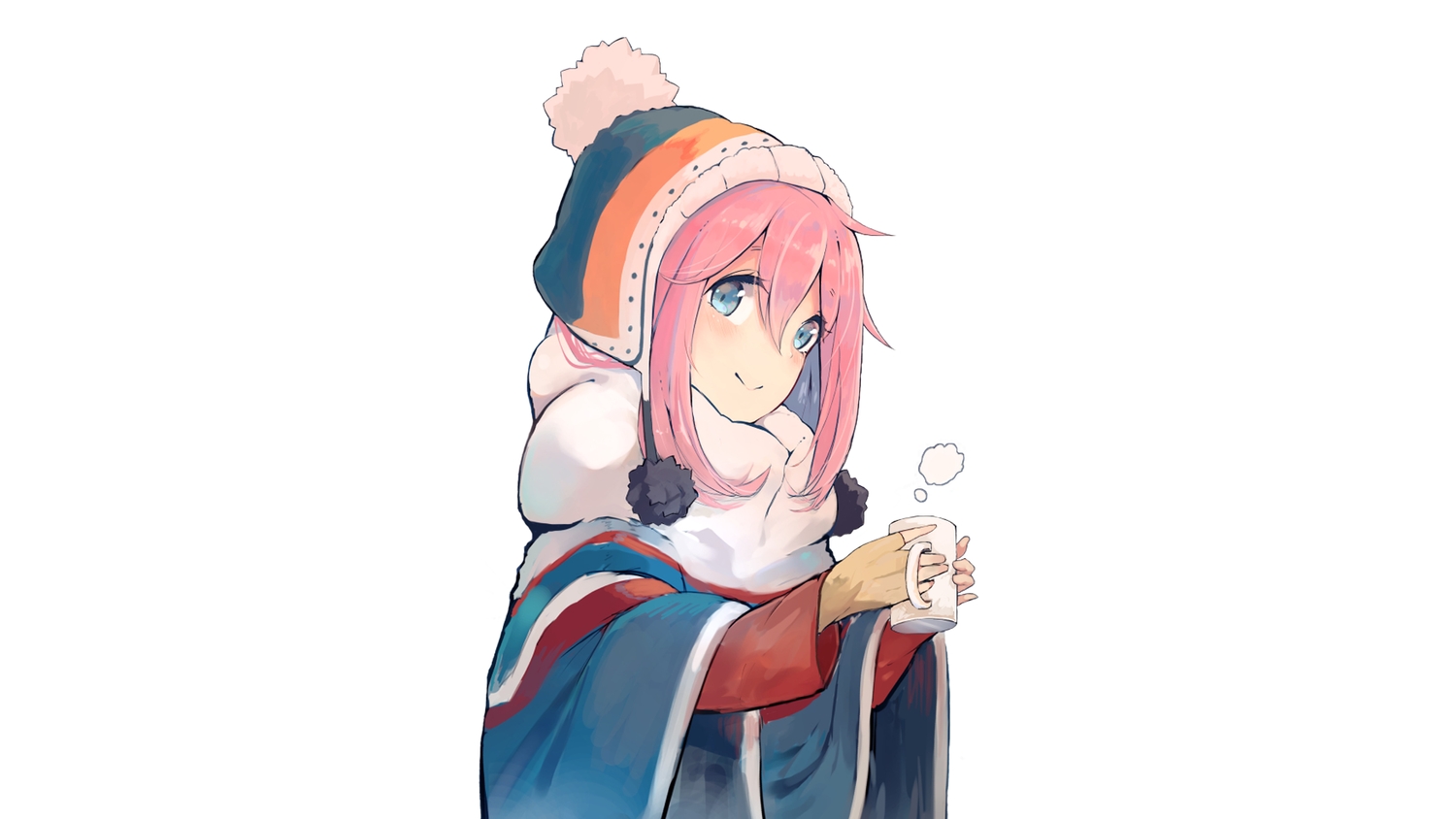 blush, kagamihara_nadeshiko, long_hair, nasuno_chiyo, pink_hair, scarf, third-party_edit, white