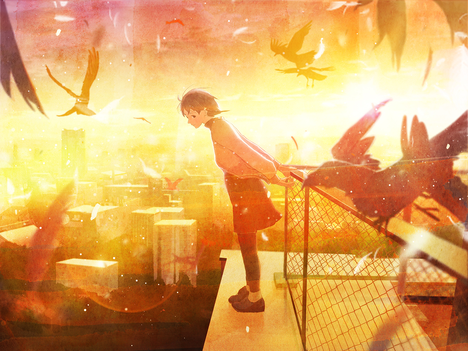 animal, bird, feathers, iwakura_lain, nakamura_yukihiro, serial_experiments_lain, sunset