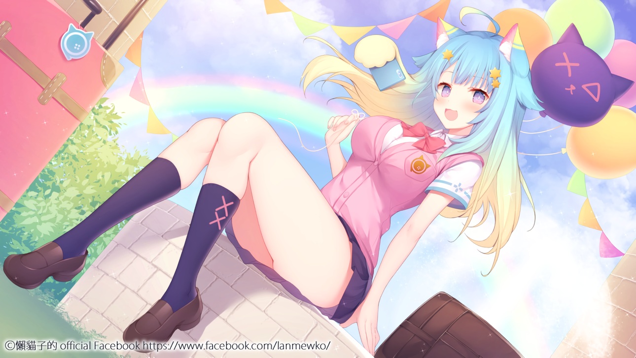 animal_ears, aqua_hair, bow, catgirl, cat_smile, clouds, kneehighs, lanmewko