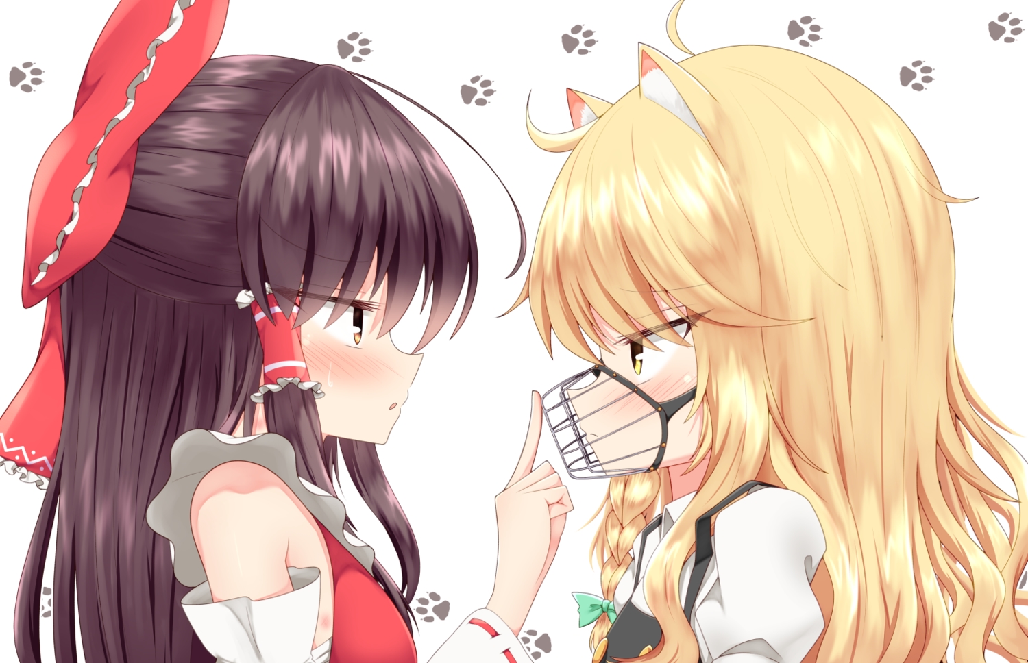 2girls, animal_ears, black_hair, blonde_hair, blush, braids, close, doggirl, hakurei_reimu, japanese_clothes, kirisame_marisa, long_hair, mask, miko, rankasei, touhou, yellow_eyes