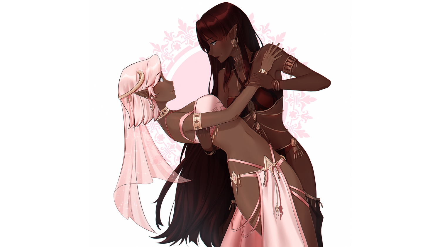 brown_hair, dark_skin, helloimtea, long_hair, pink_hair, pointed_ears, shoujo_ai, white