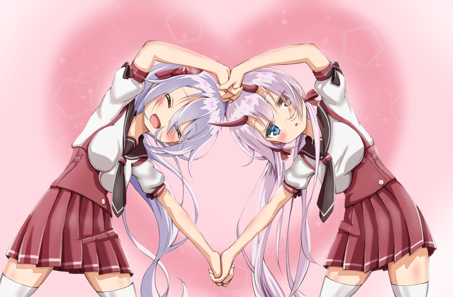2girls, anthropomorphism, azur_lane, bicolored_eyes, blush, demon, gradient, gray_hair