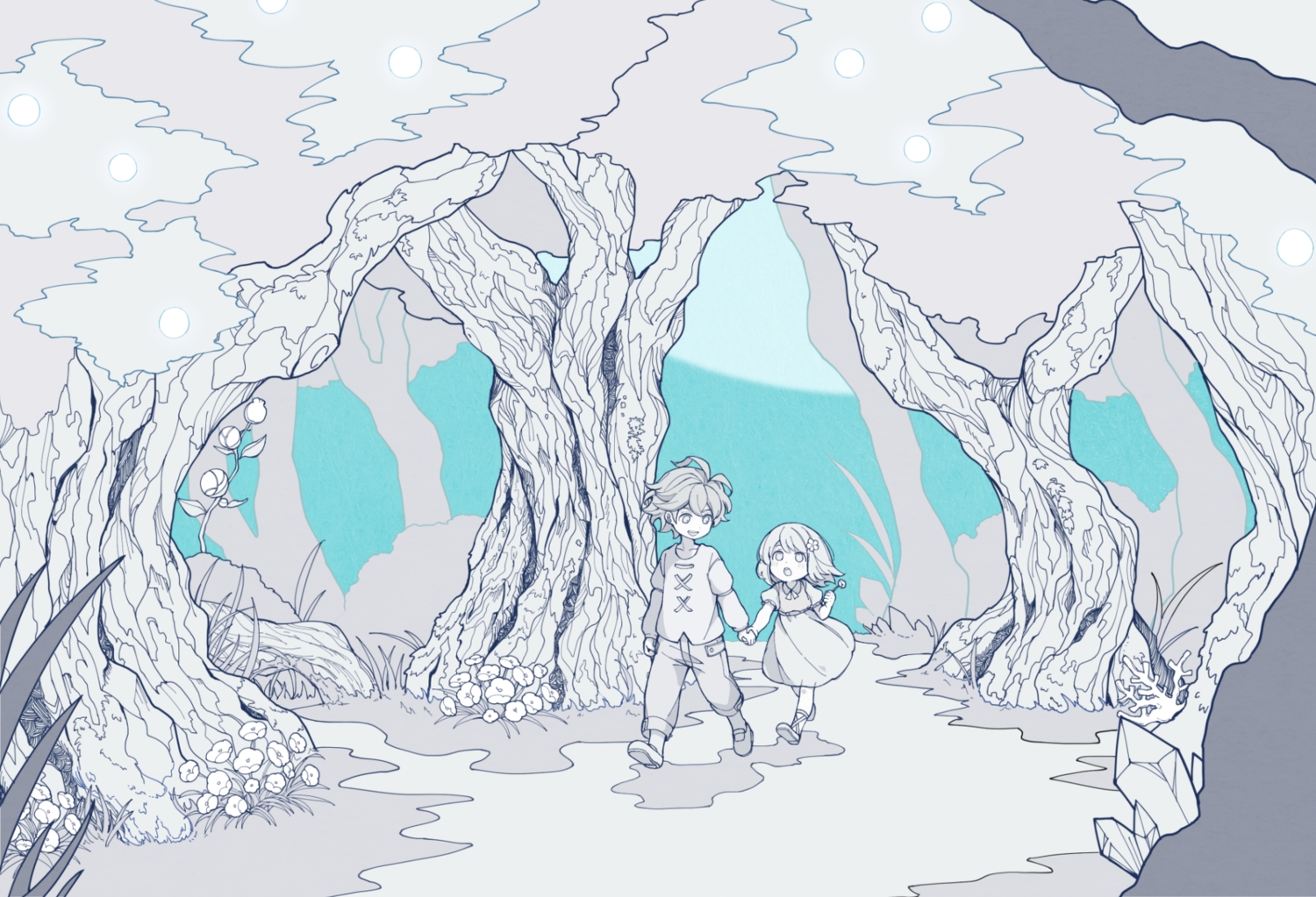 aldo_(another_eden), another_eden, feinne_(another_eden), forest, loli, male, moku_(gnak5442), polychromatic