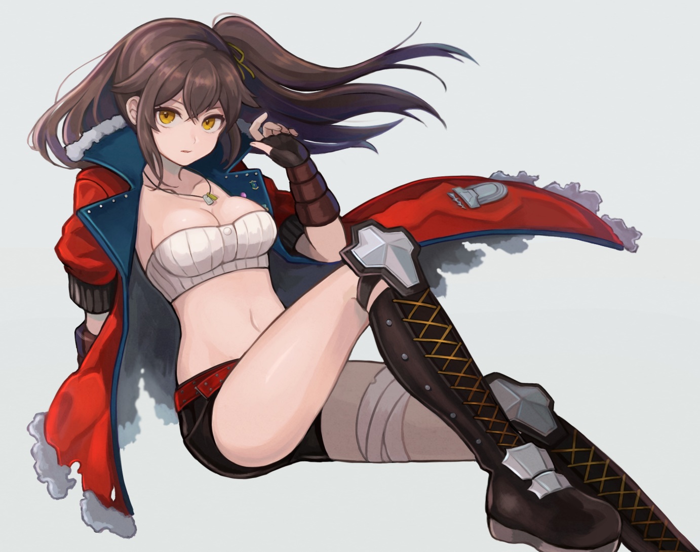 amy_(another_eden), another_eden, bandage, boots, breasts, brown_eyes, brown_hair, cleavage, gloves, long_hair, moku_(gnak5442), navel, necklace