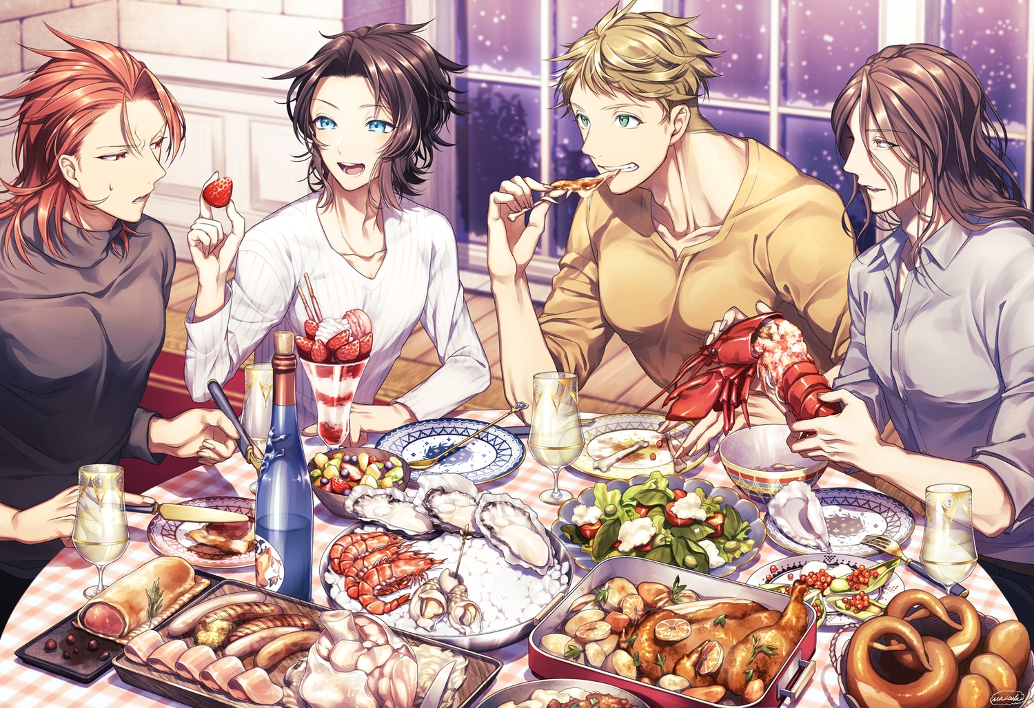 all_male, black_hair, blonde_hair, brown_hair, drink, food, fruit, granblue_fantasy, green_eyes, group, lancelot_(granblue_fantasy), long_hair, male, matsuki_tou, orange_(fruit), percival_(granblue_fantasy), red_eyes, red_hair, short_hair, siegfried_(granblue_fantasy), signed, snow, strawberry, vane_(granblue_fantasy), yellow_eyes