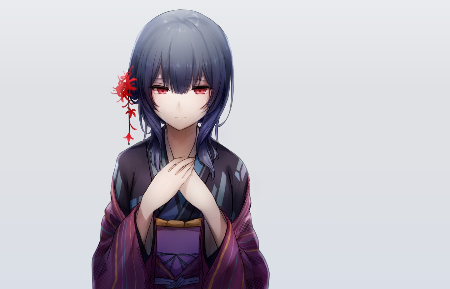 black_hair, gray, idolmaster, idolmaster_shiny_colors, japanese_clothes, kimono, morino_rinze, okakasushi, red_eyes, waifu2x