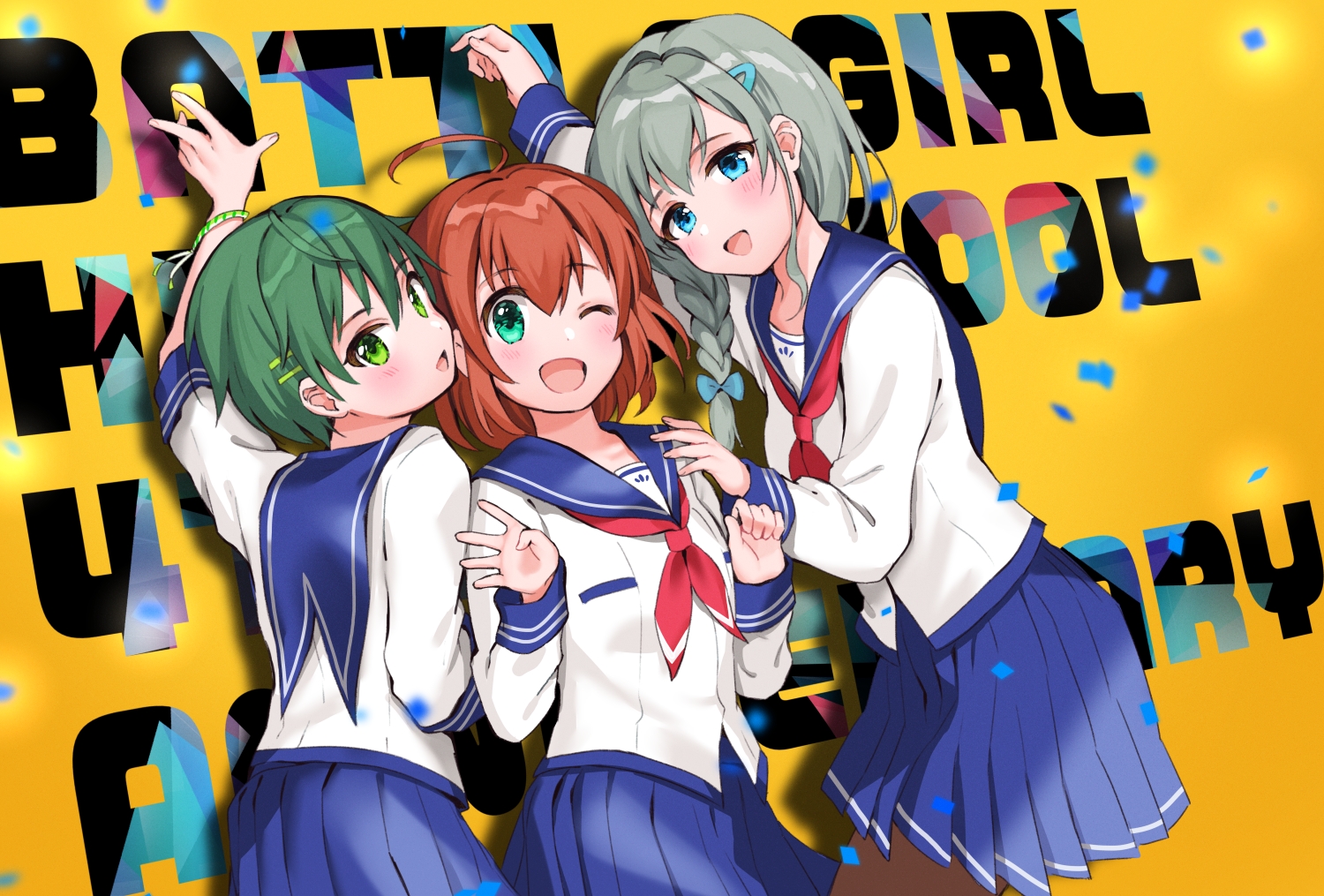 aqua_eyes, battle_girl_high_school, blush, braids, brown_hair, gray_hair, green_eyes, green_hair, hoshitsuki_miki, kiyosato0928, long_hair, narumi_haruka, ponytail, school_uniform, short_hair, skirt, wakaba_subaru, wink
