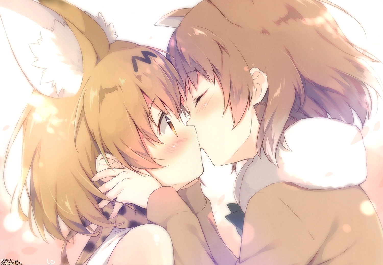 2girls, animal_ears, anthropomorphism, black-tailed_prairie_dog_(kemono_friends), blonde_hair, blush, brown_hair, catgirl, kemono_friends, kiss, scan, serval, shiratama, short_hair, shoujo_ai, yellow_eyes
