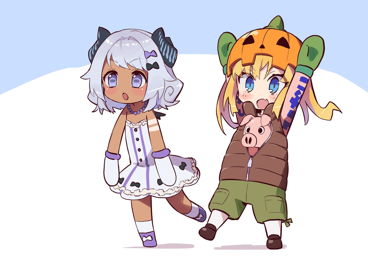 2girls, amaryllis_gumi, animal, aqua_eyes, blonde_hair, blue_eyes, chibi, dark_skin