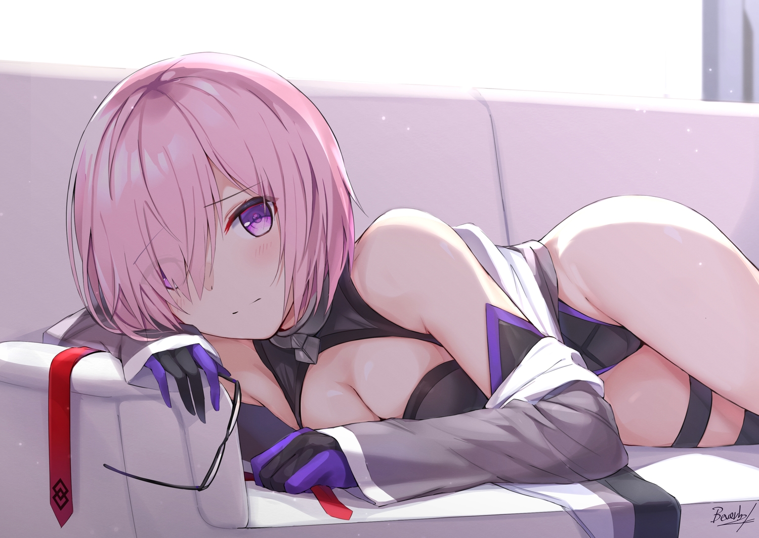 bee_doushi, blush, bodysuit, breasts, cleavage, couch, elbow_gloves, fate/grand_order, fate_(series), garter, gloves, mash_kyrielight, pink_hair, purple_eyes, short_hair, signed, tie