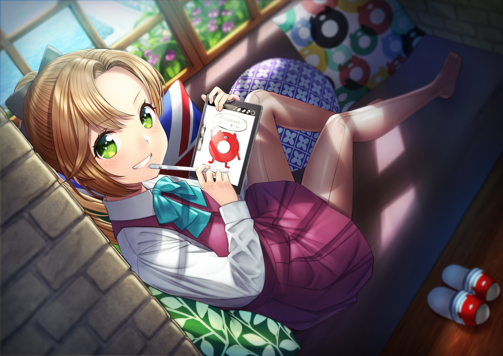 akigumo_(kancolle), anthropomorphism, brown_hair, computer, couch, flowers, green_eyes, kantai_collection