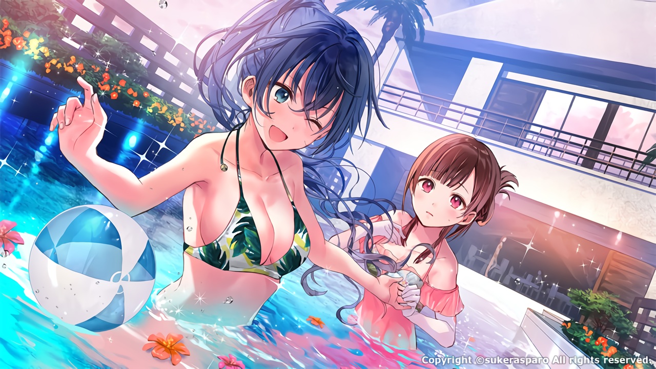 2girls, ball, black_hair, blue_eyes, breasts, brown_hair, building, cleavage, flowers, hanekoto, kudan_no_folklore, kudan_sakuya, long_hair, pink_eyes, ponytail, pool, shima_touko, short_hair, tree, waifu2x, water, watermark, wet, wink