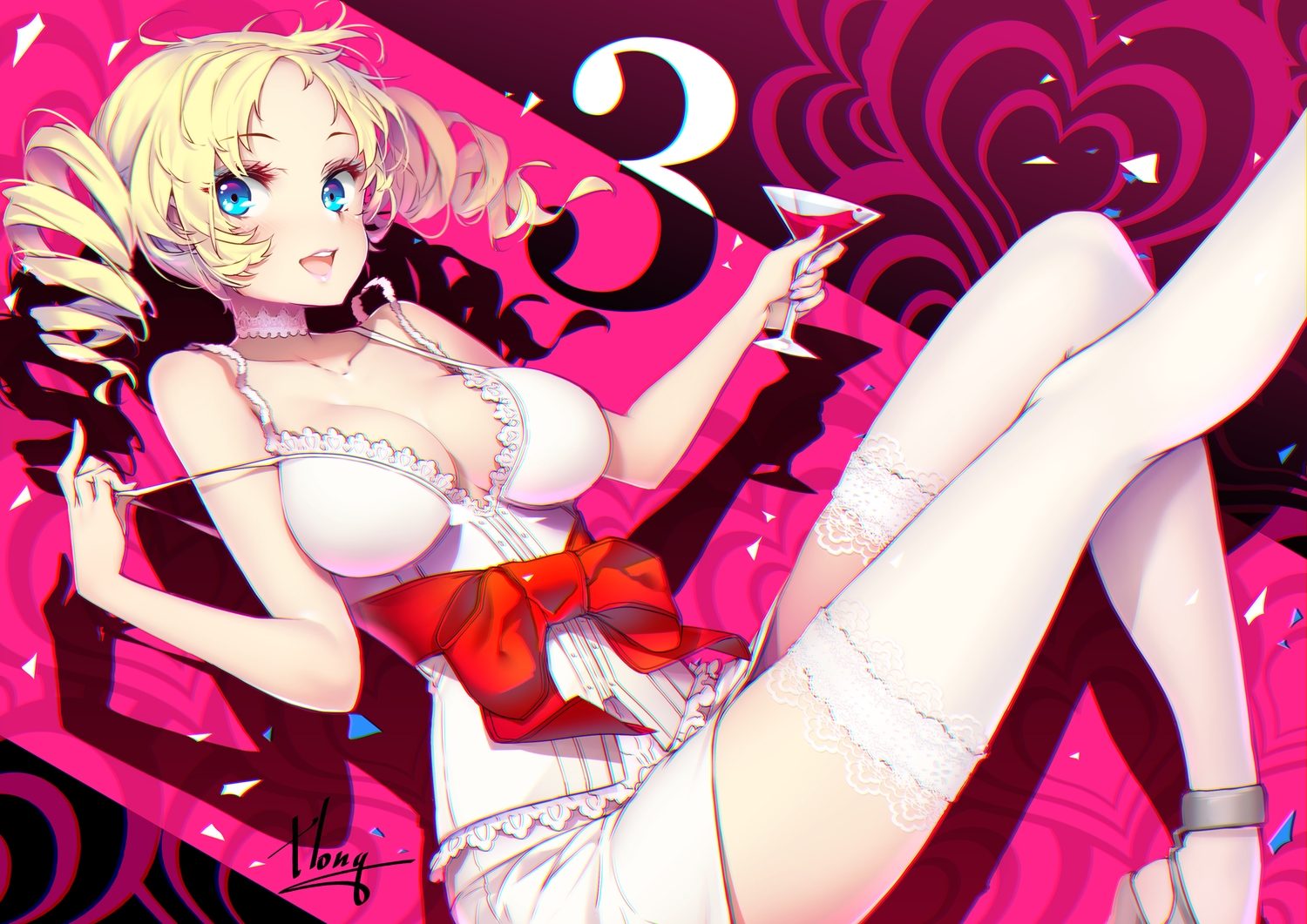 aqua_eyes, blonde_hair, blush, bow, breasts, catherine, catherine_(character), cleavage, drink, hong_(white_spider), long_hair, signed, thighhighs, twintails