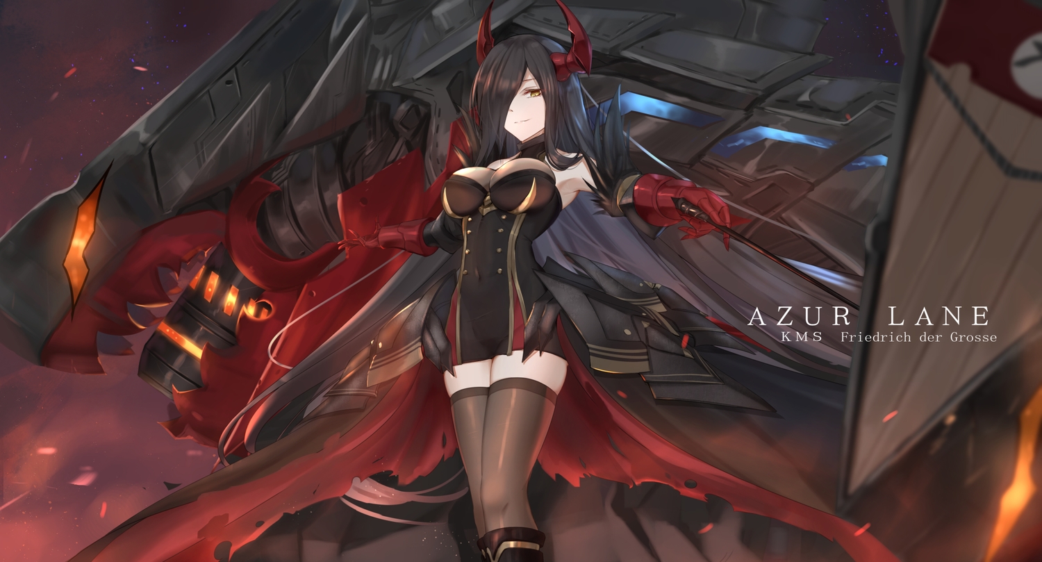 anthropomorphism, azur_lane, black_hair, breasts, cleavage, dress, eternity_(pixiv8012826), friedrich_der_grosse_(azur_lane), horns, long_hair, thighhighs, yellow_eyes, zettai_ryouiki