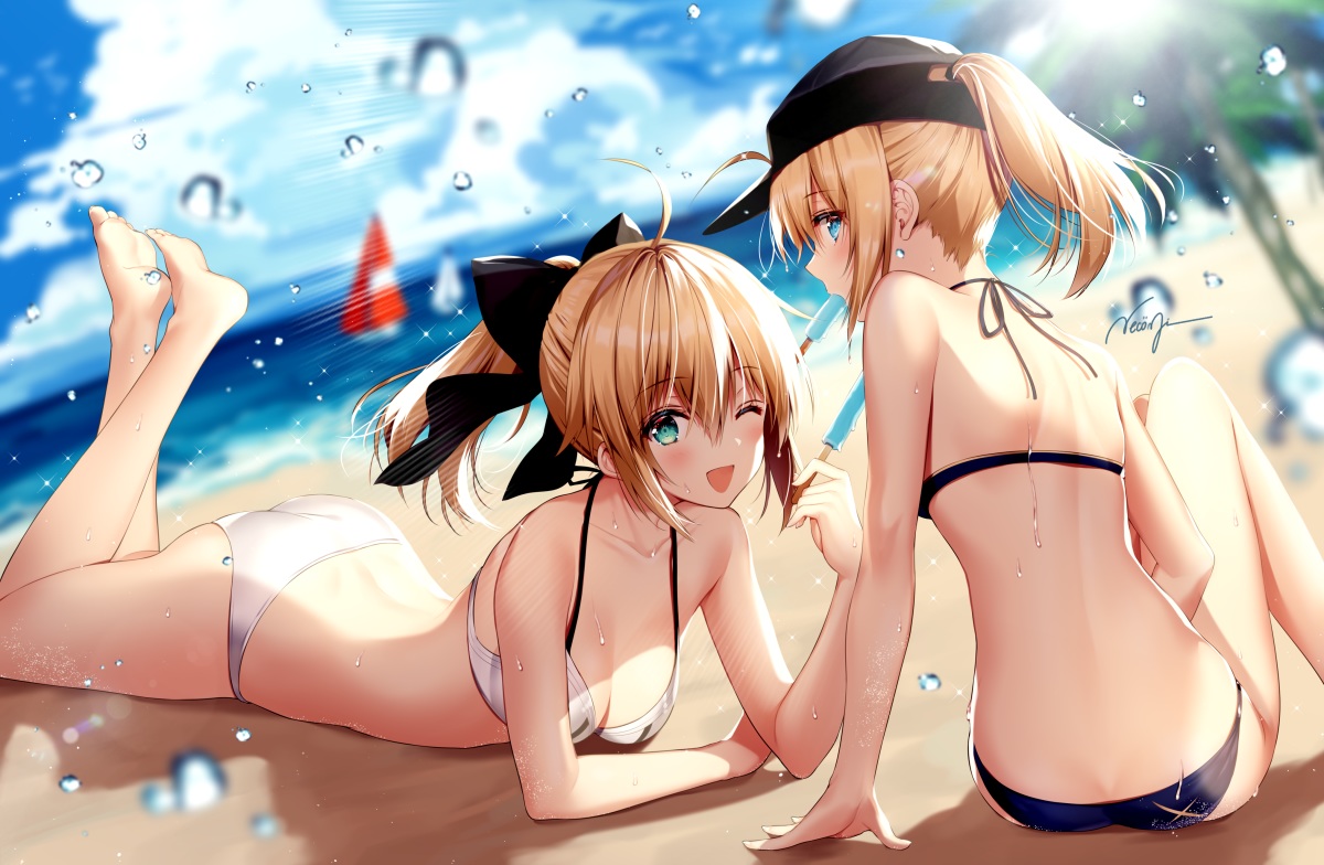 2girls, artoria_pendragon_(all), ass, beach, bikini, blonde_hair, blush, boat, breasts, cleavage, clouds, fate/grand_order, fate_(series), green_eyes, hat, long_hair, mysterious_heroine_x, necomi, ponytail, popsicle, saber, saber_lily, signed, sky, swimsuit, water, wink