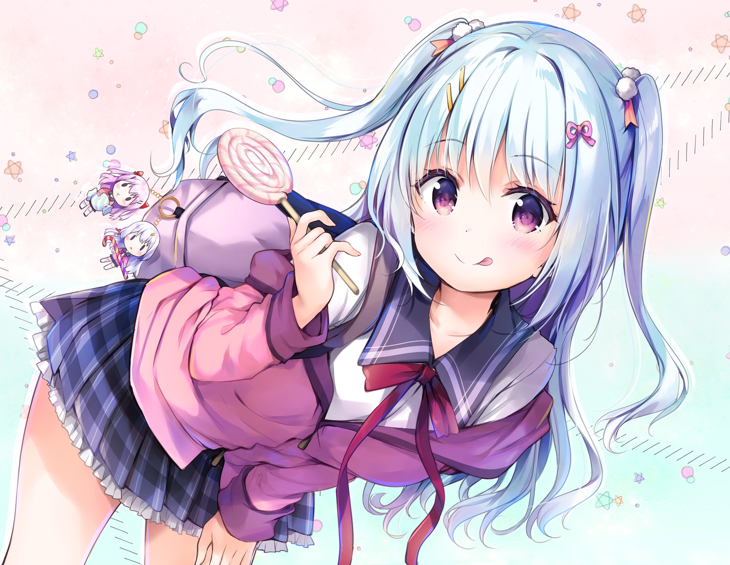aqua_hair, blush, candy, hisama_kumako, lollipop, long_hair, original, purple_eyes