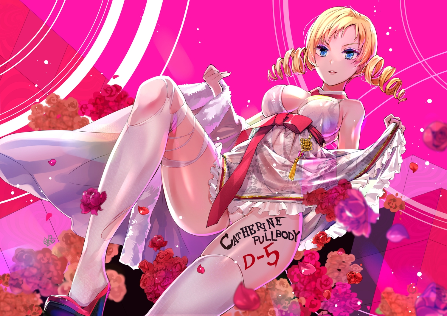 blonde_hair, blue_eyes, bow, breasts, catherine, catherine_(character), dress, flowers
