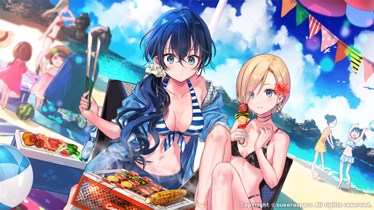akinashi_koto, ball, beach, bikini, blonde_hair, blue_eyes, blue_hair, breasts, clouds, drink, flowers, food, fruit, group, hanekoto, kudan_no_folklore, kudan_sakuya, loli, long_hair, navel, ponytail, short_hair, sky, swimsuit, waifu2x, water, watermark, watermelon