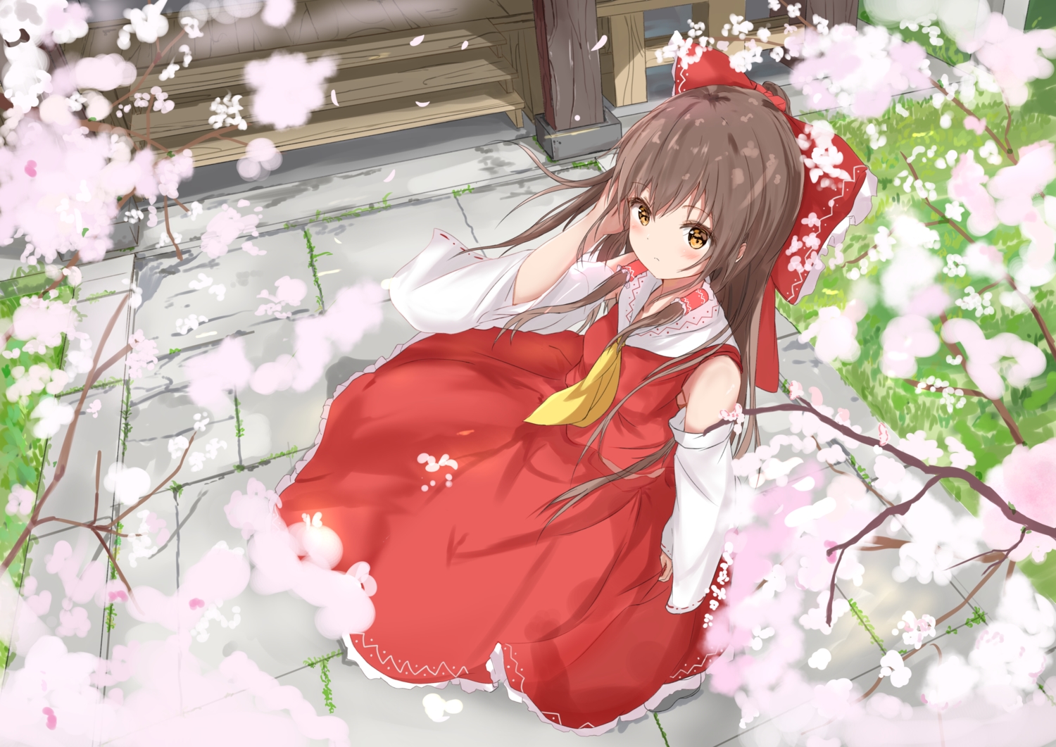 bow, brown_hair, cherry_blossoms, flowers, hakurei_reimu, japanese_clothes, long_hair, miko