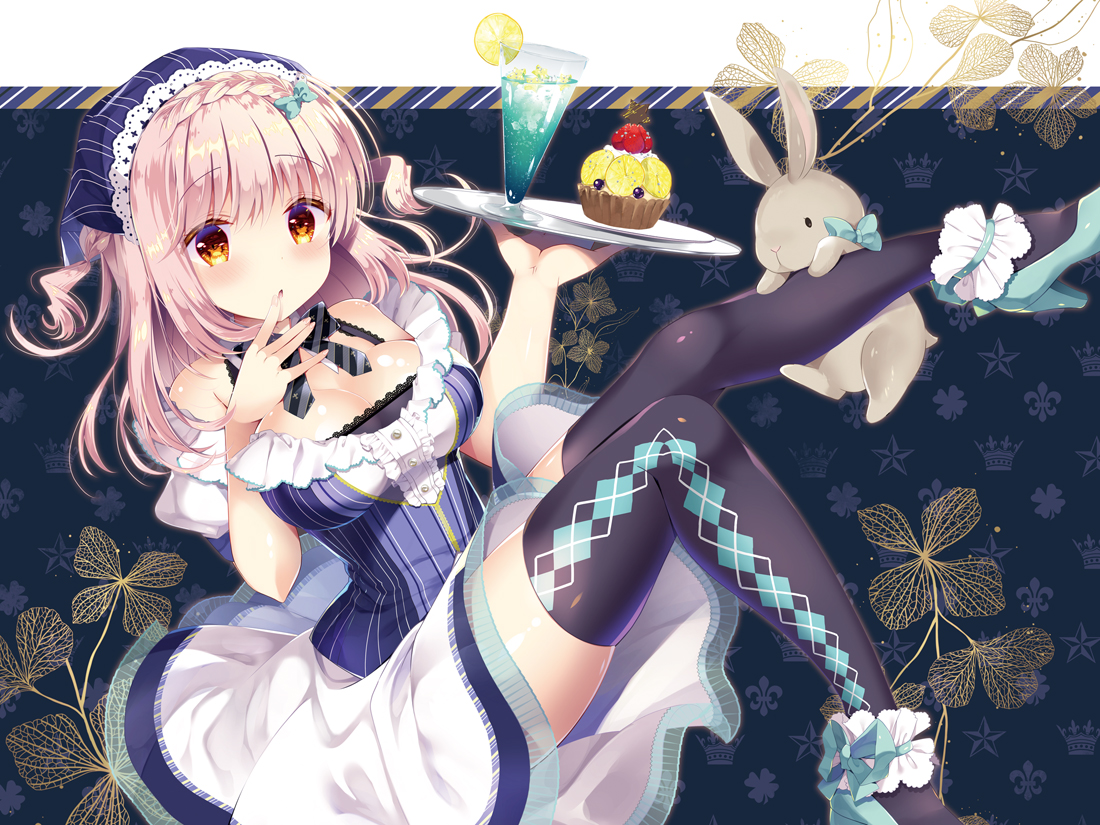 animal, blush, bow, breasts, cake, cleavage, dress, drink, food, long_hair, orange_eyes, original, pink_hair, rabbit, takashina_asahi, thighhighs