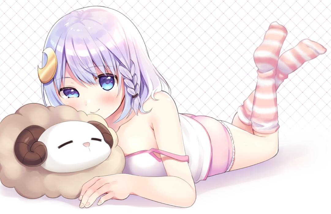 aqua_eyes, blush, braids, original, pajamas, purple_hair, short_hair, shorts