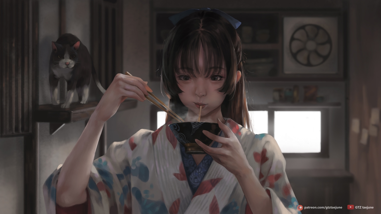 animal, brown_eyes, brown_hair, cat, food, g-tz, japanese_clothes, kimono