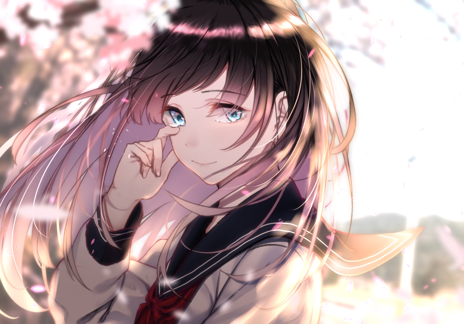 aqua_eyes, black_hair, close, crying, long_hair, original, petals, saitou_(lynx-shrike)
