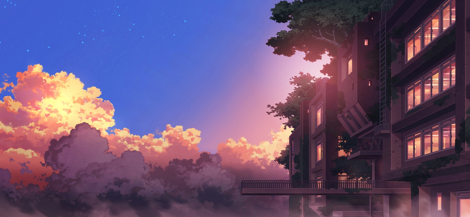 building, clouds, no_humans, original, scenic, sennotane, sky, sunset, tree