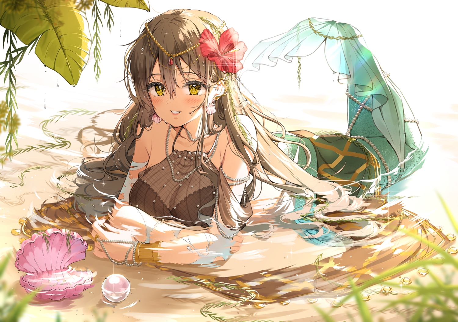 blush, breasts, brown_hair, cleavage, headdress, h_shai, leaves, long_hair, mermaid, necklace, original, see_through, torn_clothes, water, wristwear, yellow_eyes