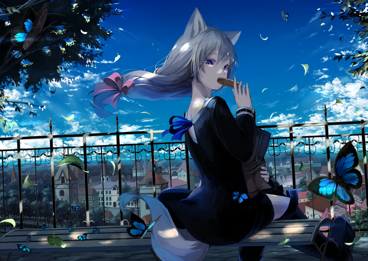 animal_ears, boots, building, butterfly, city, clouds, dress, food