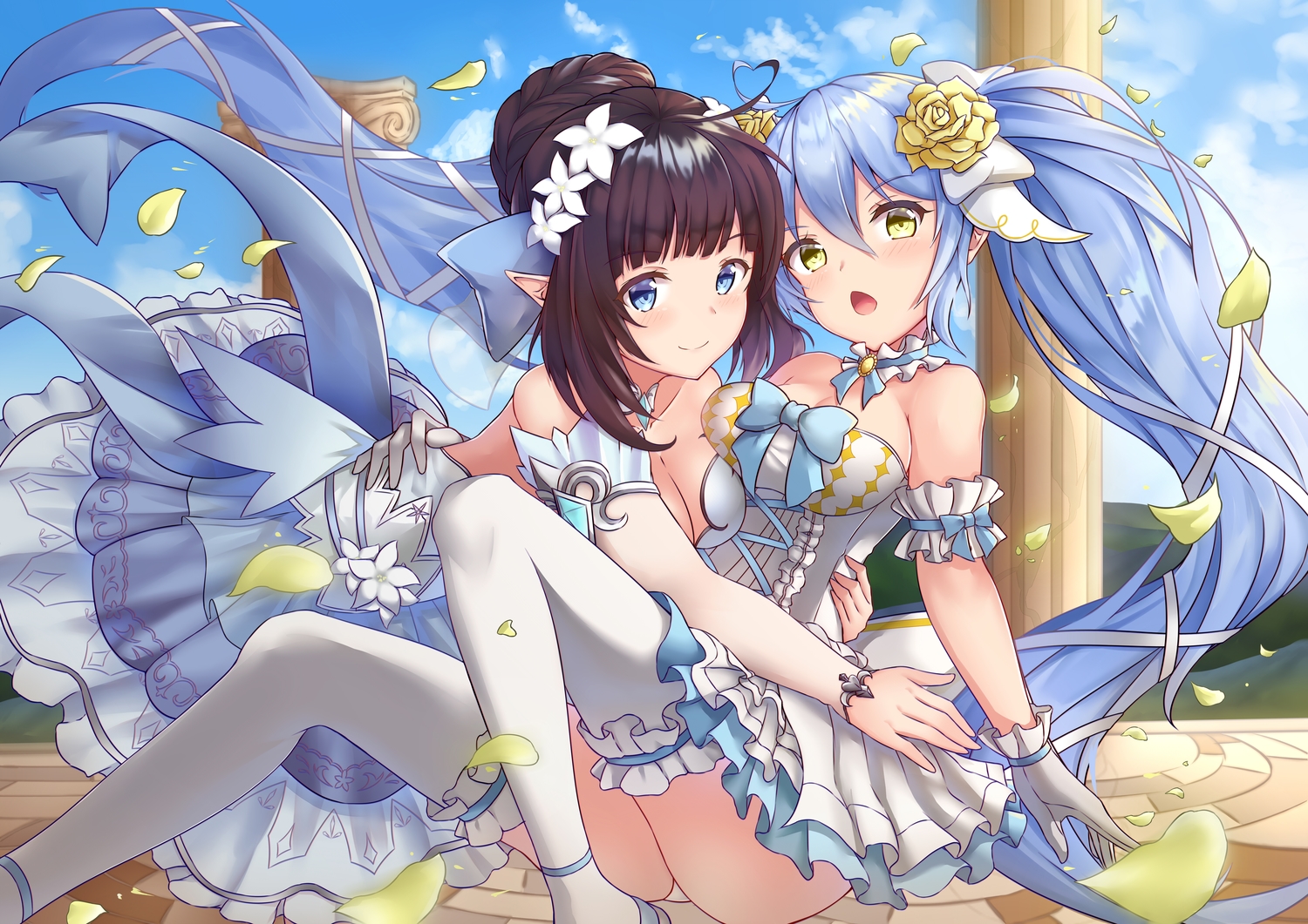 2girls, blush, bow, brown_hair, clouds, dress, elbow_gloves, gloves, king's_raid, long_hair, mirianne_(king's_raid), pnt_(ddnu4555), pointed_ears, short_hair, sky, sonia_(king's_raid), thighhighs
