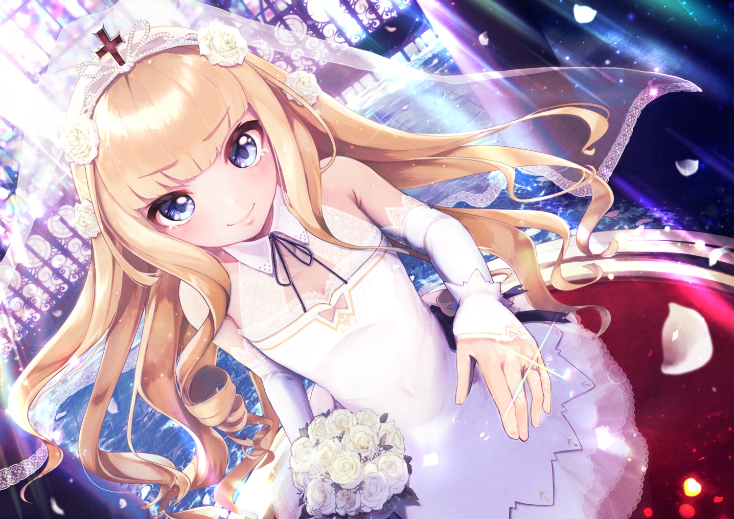 5saiji, anthropomorphism, azur_lane, blonde_hair, blue_eyes, cross, dress, flat_chest, flowers, headdress, long_hair, petals, queen_elizabeth_(azur_lane), tears, tiara, wedding_attire