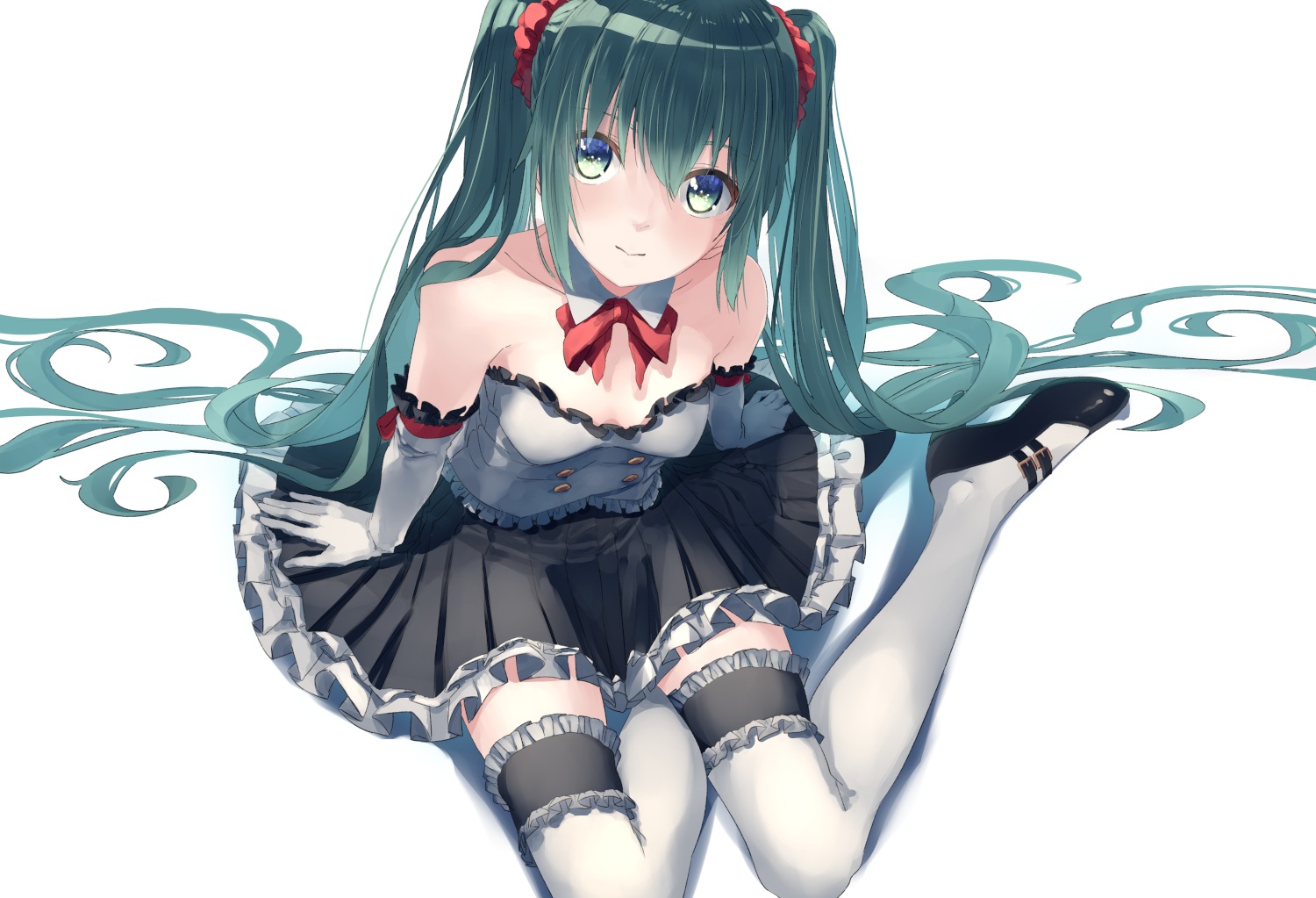 bow, dress, elbow_gloves, gloves, green_eyes, green_hair, hatsune_miku, long_hair
